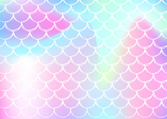 Holographic mermaid background with gradient scales. Bright color transitions. Fish tail banner and invitation. Underwater and sea pattern for girlie party. Rainbow back with holographic mermaid.