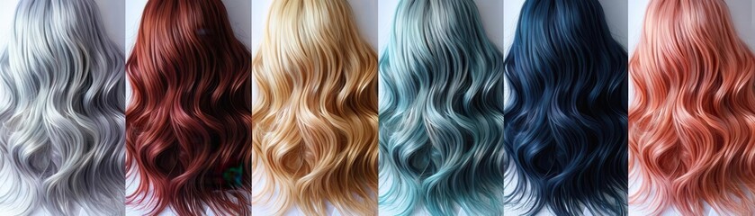 Naklejka premium Hair salon scene with array of vibrant hair extensions, highlighting styling options, beauty industry, colorful display ,The images are of high quality and clarity