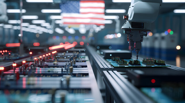 A high-tech electronics manufacturing facility in the USA, featuring robotic arms and assembly lines under the American flag.