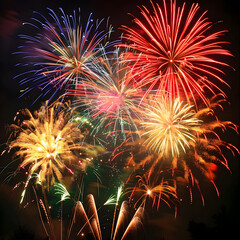 Obraz premium A vibrant display of multicolored fireworks lights up the night sky, creating a festive and celebratory atmosphere.