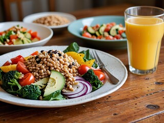 healthy meal on a wooden table, colorful vegetables, grains, and a refreshing beverage, natural light.