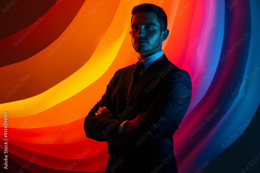 Poster young businessman in front of a dynamic abstract color backdrop.