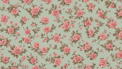 Vintage floral wallpaper: ornate pattern with antique roses and leaves, illustrated in elegant pink tones for spring and summer decor