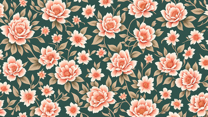 Vintage floral wallpaper: ornate pattern with antique roses and leaves, illustrated in elegant pink tones for spring and summer decor