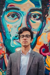 Young entrepreneur in front of a lively abstract backdrop.