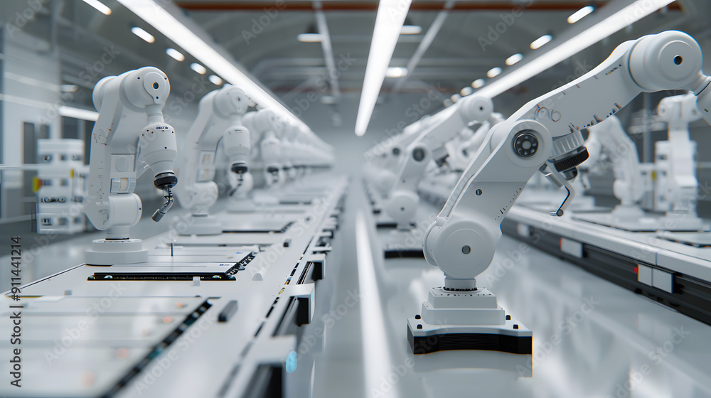 Poster white robotic arms working on an assembly line in a modern factory, illustrating advanced automation