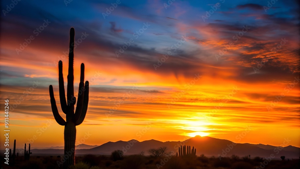 Poster a majestic saguaro standing tall against the setting sun generative ai