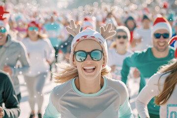 Joyful runners in festive attire, celebrating Christmas charity race, happy participants, holiday event, Christmas charity race concept.