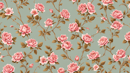 Vintage floral wallpaper: ornate pattern with antique roses and leaves, illustrated in elegant pink tones for spring and summer decor