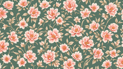 Vintage floral wallpaper: ornate pattern with antique roses and leaves, illustrated in elegant pink tones for spring and summer decor