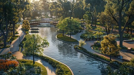 high-resolution aerial image of park with exercise paths , aerial view of green space , park planning aerial ,exercise path aerial