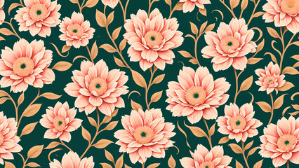 Vintage floral wallpaper: ornate pattern with antique roses and leaves, illustrated in elegant pink tones for spring and summer decor
