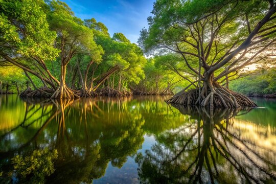 Serenene morning scene of a protected mangrove forest conservation area with tangled roots and lush green foliage reflected in calm waters in Cilacap, Indonesia.