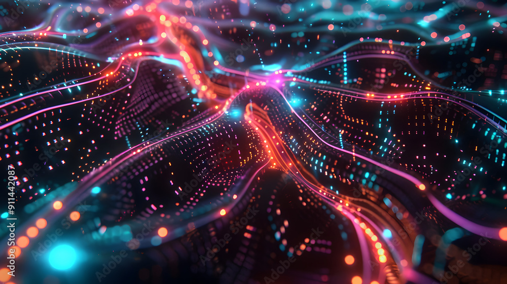 Poster flowing waves of digital light and data, representing the dynamic and vibrant nature of modern infor