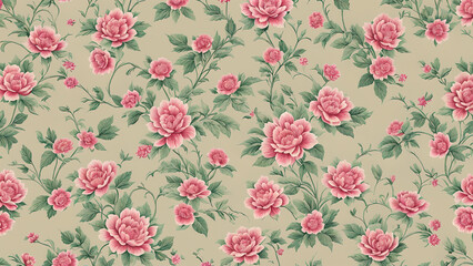 Vintage floral wallpaper: ornate pattern with antique roses and leaves, illustrated in elegant pink tones for spring and summer decor
