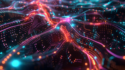 Flowing waves of digital light and data, representing the dynamic and vibrant nature of modern information networks and technology.