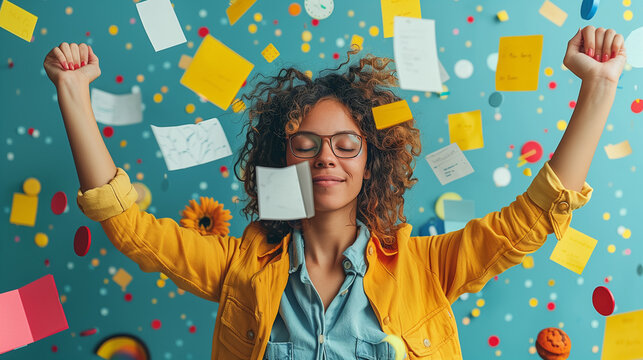 a woman in glasses raised her fists as a sign of victory, and many sticks of paper fly around her, symbolizing the completed tasks
