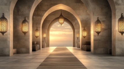 A grand, arched hallway with ornate lanterns leads to a stunning sunset view.