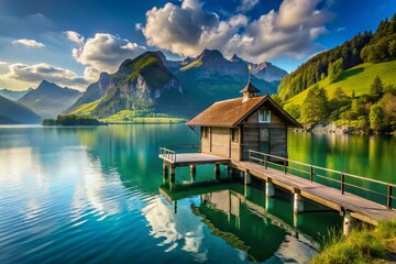 Fototapeta premium Serene scenery of a picturesque small house with a private pier on the tranquil Lake Lucerne in Vitznau, Switzerland, surrounded by majestic mountains.
