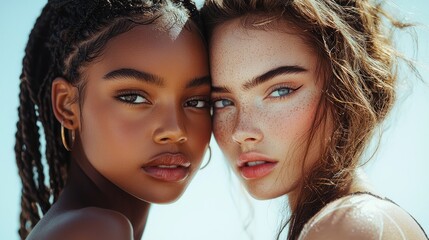 Obraz premium Close-up Portrait Head shot women young two models with different skin and hair colors. multiracil diverse 