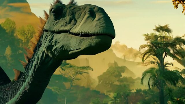 Prehistoric dinosaur era. Jurassic period park. Ancient extinct animal. Cute herbivorous dino. Big tall neck brachiosaurus walk in tropical jungle. Wildlife many years ago. Old diplodocus creature.