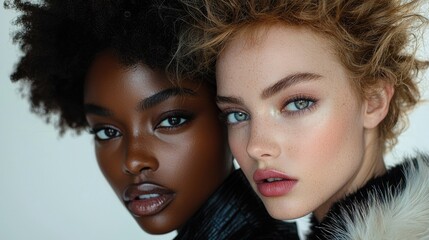 Obraz premium Close-up Portrait Head shot women young two models with different skin and hair colors. multiracil diverse 