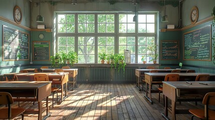 Fototapeta premium A classroom with desks arranged in groups, ready for collaborative learning