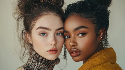 Obraz premium Close-up Portrait Head shot women young two models with different skin and hair colors. multiracil diverse 