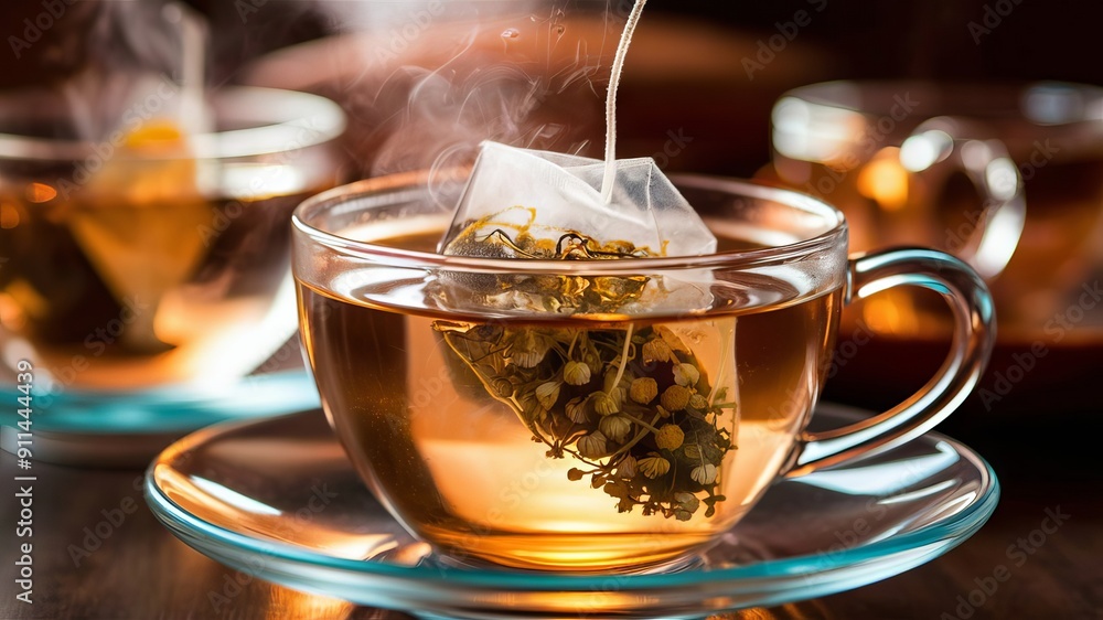 Wall mural a cup of tea with steam rising from it. the tea bag is placed in a transparent glass cup.