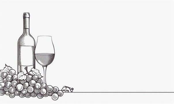 Wine bottle and glass with grapes one line drawing illustration minimal simple clean, white background copy space for text Generative AI