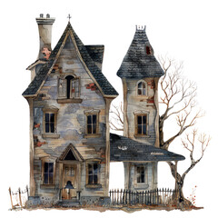 A creepy old house with a large chimney and a tall, spooky tower