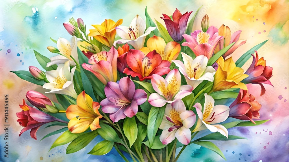 Poster Vibrant Alstroemeria Bouquet in Watercolor  Generative AI