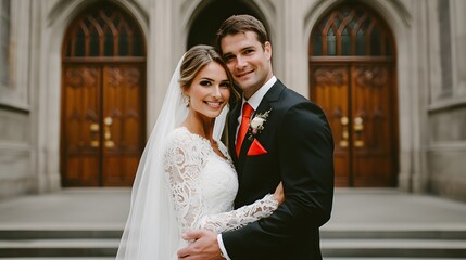 Traditional Spanish Wedding Attire A bride and groom are depicted in traditional Spanish wedding attire. The bride wears a white lace dress with a long veil, while the groom is in a black suit 