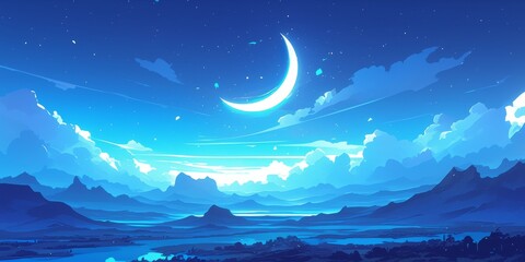 Obraz premium Enchanting Moonlit Mountain Landscape: Dreamy Night Sky with Crescent Moon and Clouds. Serene Hillside Silhouettes under Starry Heavens. Anime-inspired Cartoon Scenery for Creative Marketing. 4K Vecto