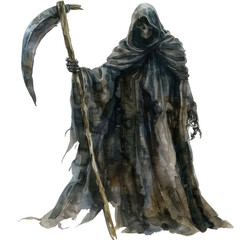 A skeleton is holding a long staff and wearing a black cloak