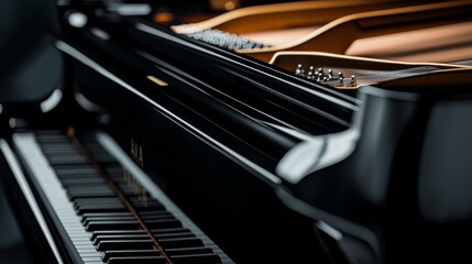 A sleek black grand piano showcases its glossy surface, reflecting ambient light in a sophisticated environment, highlighting its elegance and craftsmanship