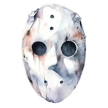 A watercolor painting of a hockey goalie's face with a bloody nose