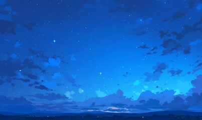 Fototapeta premium Enchanting Moonlit Mountain Landscape: Dreamy Night Sky with Crescent Moon and Clouds. Serene Hillside Silhouettes under Starry Heavens. Anime-inspired Cartoon Scenery for Creative Marketing. 4K Vecto