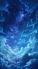 Enchanting Moonlit Mountain Landscape: Dreamy Night Sky with Crescent Moon and Clouds. Serene Hillside Silhouettes under Starry Heavens. Anime-inspired Cartoon Scenery for Creative Marketing. 4K Vecto