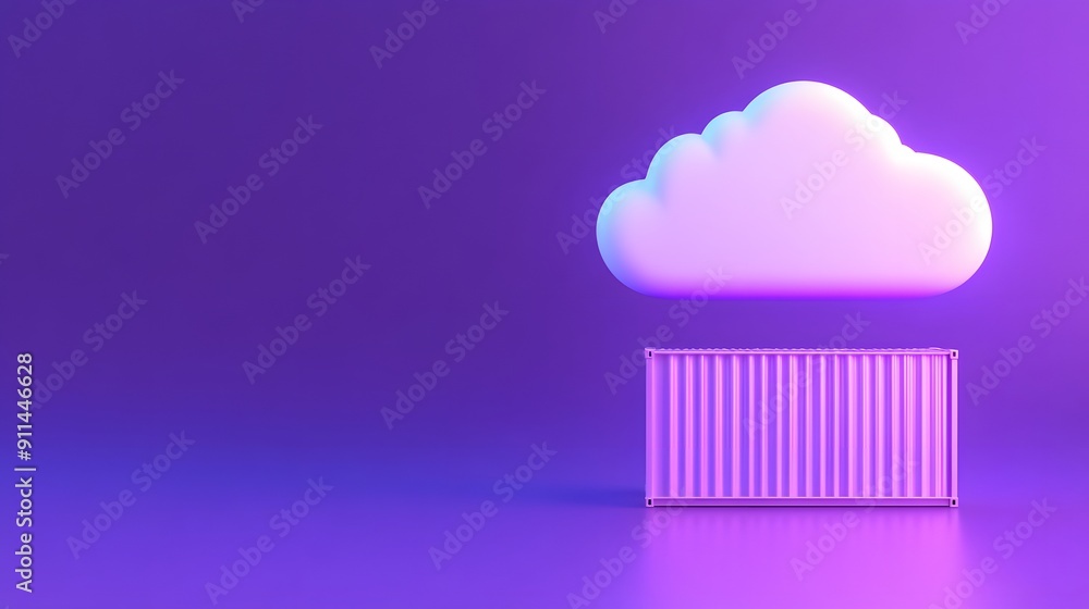 Poster 3d cloud and container illustration in a vibrant purple background, representing cloud computing and
