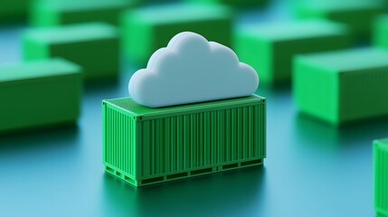 3D illustration depicting cloud computing container technology concept with green containers and a cloud icon.