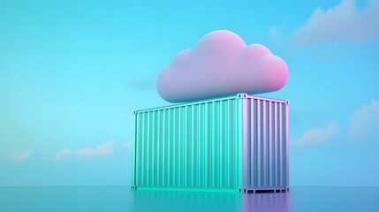 3D illustration featuring a cloud over a shipping container, symbolizing cloud computing and storage solutions with a futuristic aesthetic.