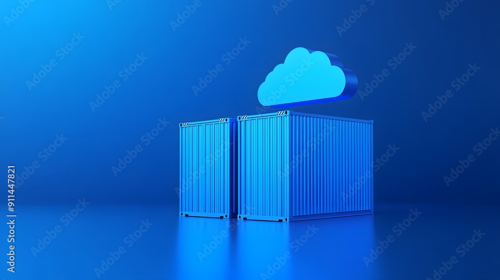 Poster 3d illustration of a blue shipping container with a cloud above, representing cloud storage and data