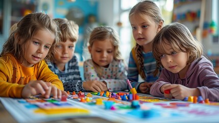 Fototapeta premium Children doing a group project on a large poster board spread across their desks
