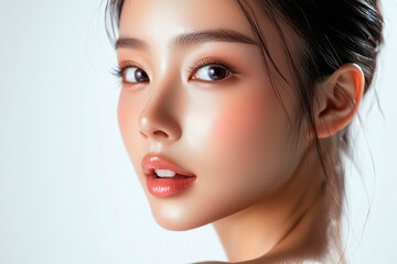 Naklejka premium Beautiful young Asian woman with K beauty style makeup and perfect skin on isolated white background