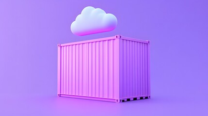 3D illustration of a cloud above a shipping container in a purple environment, symbolizing cloud storage and technology.