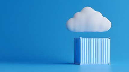 3D illustration of a cloud above a shipping container on a blue background, representing cloud storage and computing technologies.