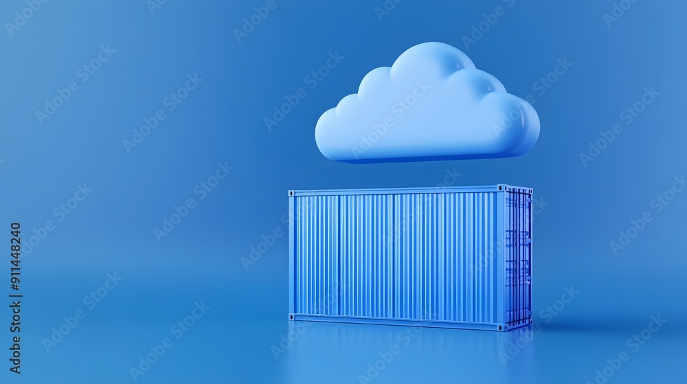 Poster 3d illustration of a cloud above a shipping container symbolizing cloud computing and data storage i