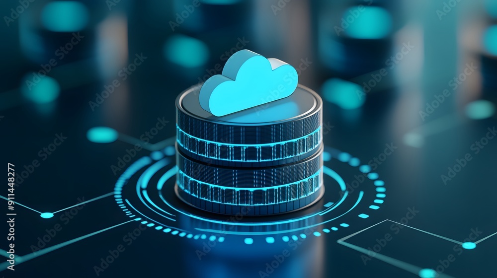 Poster 3d illustration of a cloud computing and data center concept, showing a cloud icon on top of a serve