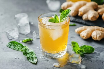 Fototapeta premium Refreshing ginger ale in a cup next to crisp components and ice on a neutral background